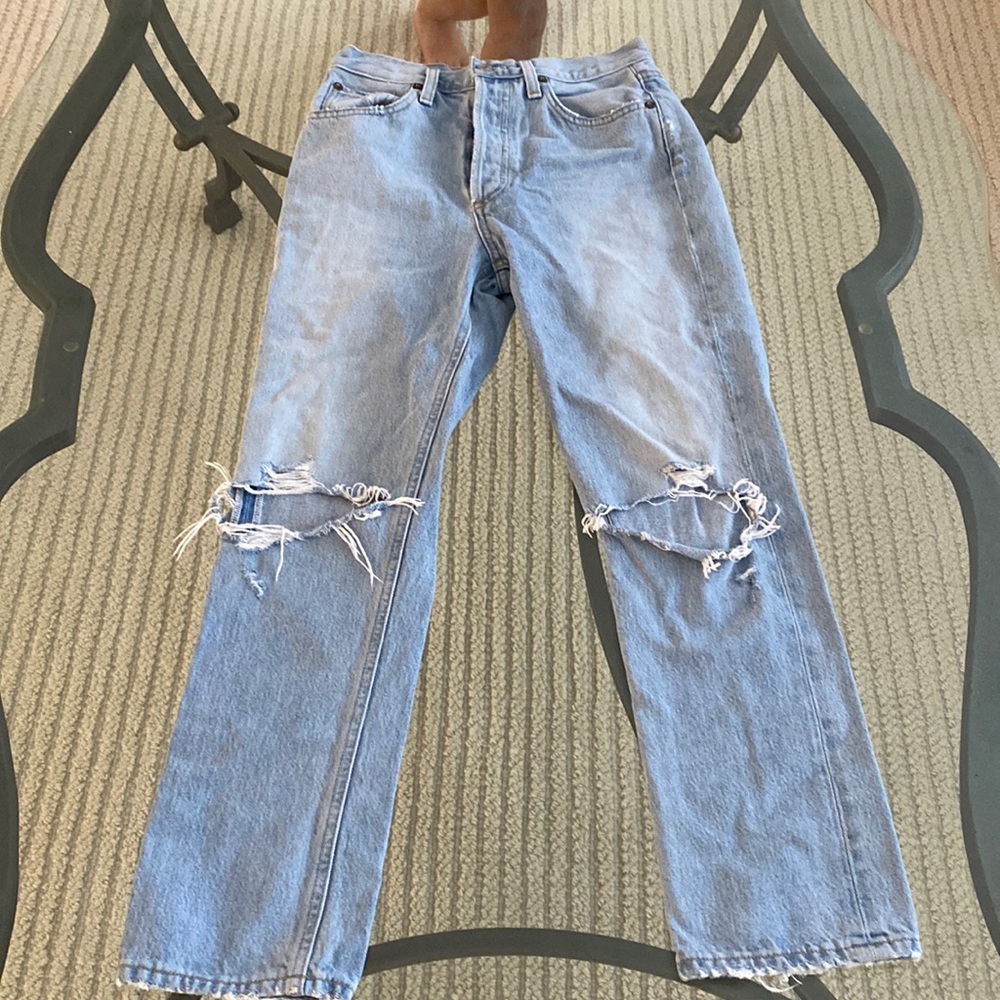 Agolde Light Wash Straight Leg Jeans with Distressed Knees